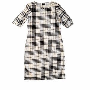 Tacera Black and White Houndstooth Plaid Textured Midi Dress